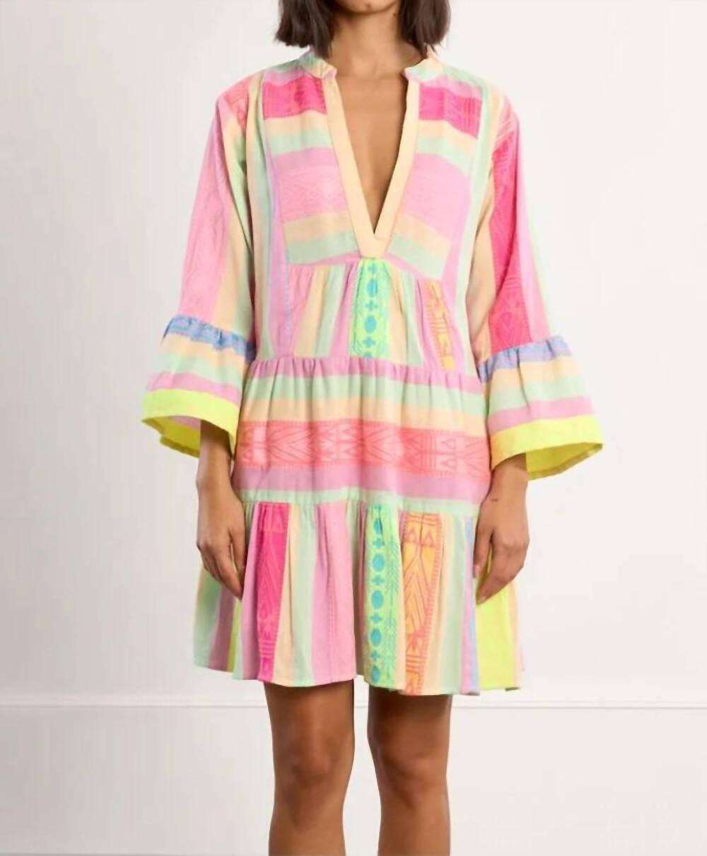 NEW MOLLY BRACKEN women's striped pastel v neck kaftan dress in multicolor